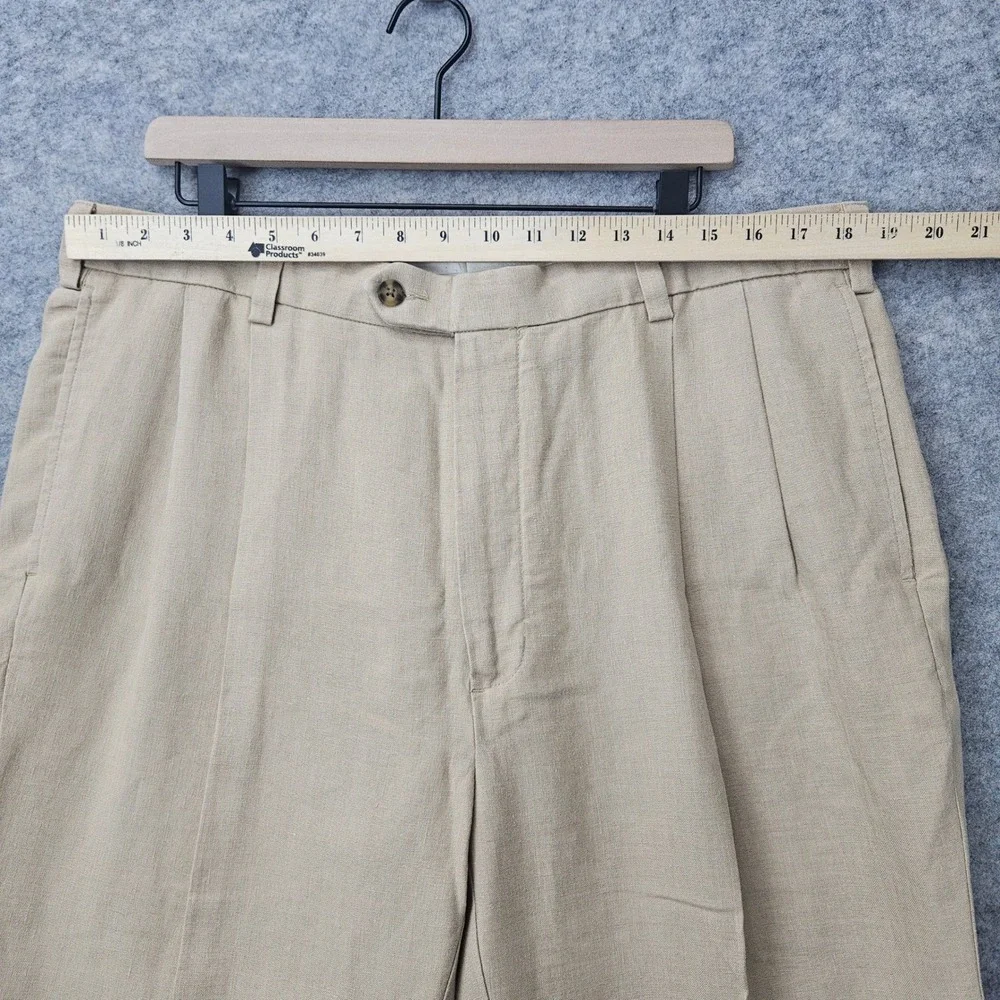 Jos A Bank Pants Men's 38x29 Beige 100% Linen Pleated Traveler's Collection